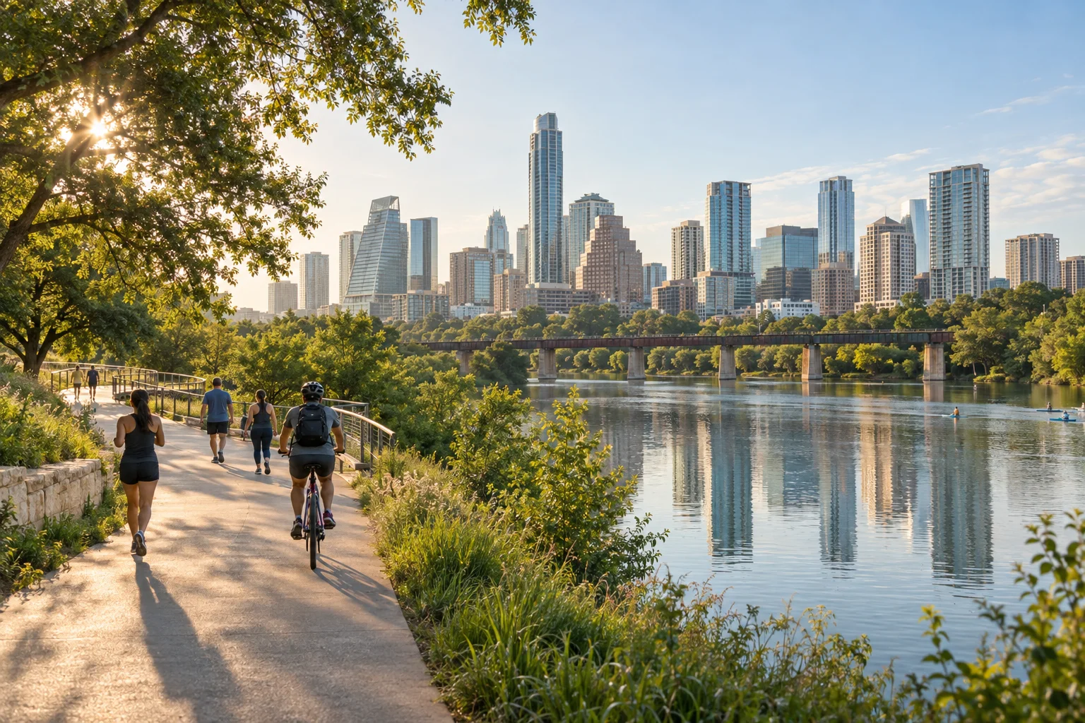 Austin residents walking and cycling beside Lady Bird Lake with the downtown skyline beyond.